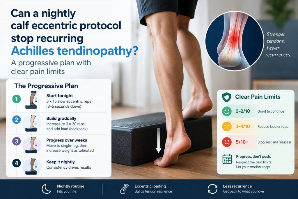 Can a nightly calf eccentric protocol stop recurring achilles tendinopathy? a progressive plan with clear pain limits